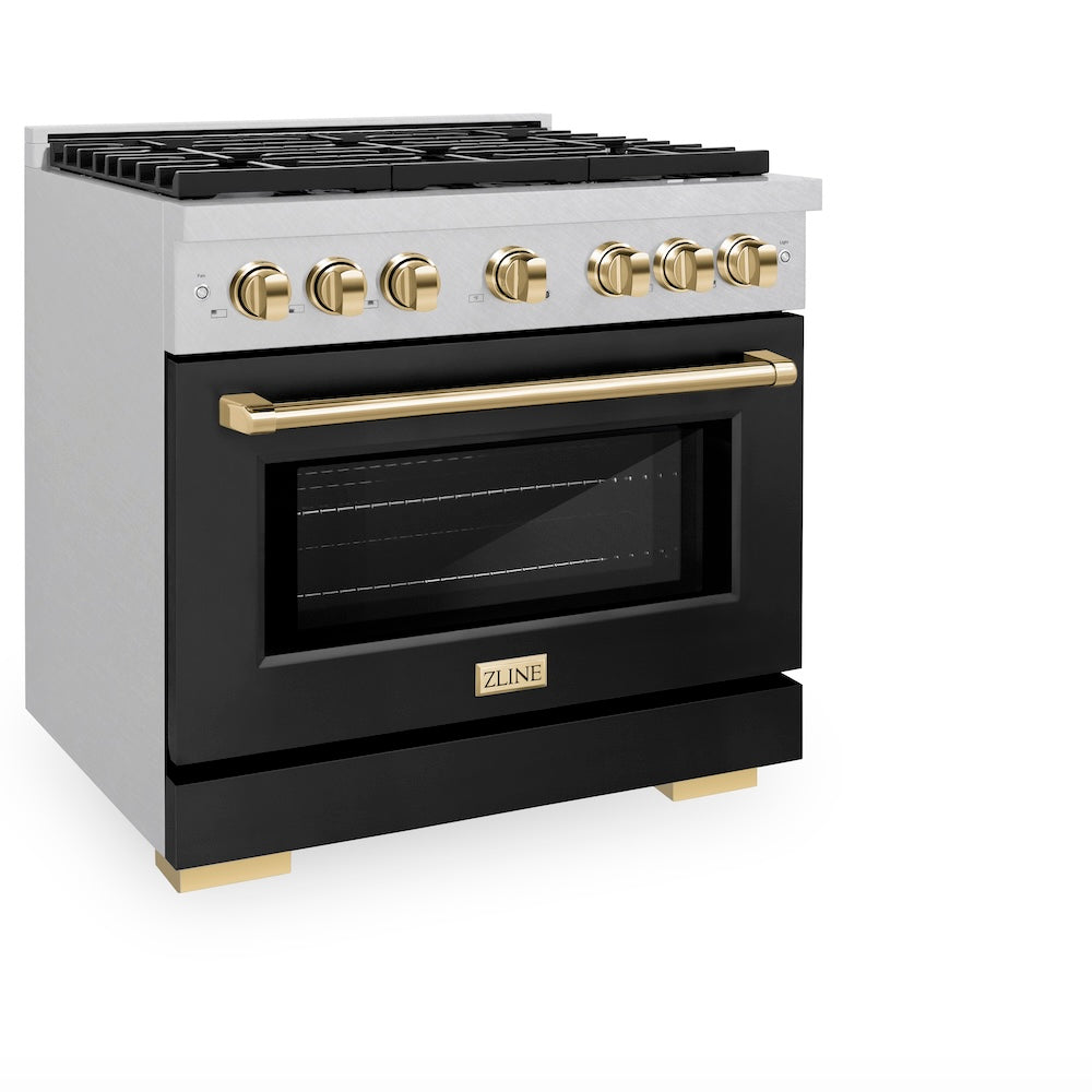 ZLINE Autograph Edition 36 in. 5.2 cu. ft. Paramount Dual Fuel Range with 6 Burner Gas Cooktop and Electric Convection Oven in DuraSnow® Stainless Steel with Black Matte Door and Polished Gold Accents (SDRSZ-BLM-36-G) side, oven closed.