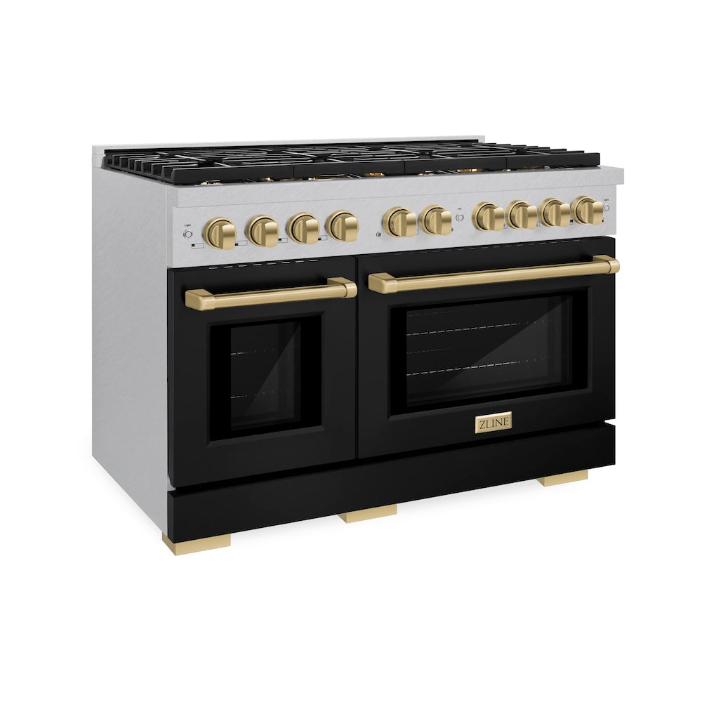 ZLINE Autograph Edition 48 in. 6.7 cu. ft. Paramount Double Oven Dual Fuel Range with 8 Burner Gas Cooktop in DuraSnow® Stainless Steel with Black Matte Door and Champagne Bronze Accents (SDRSZ-BLM-48-CB)