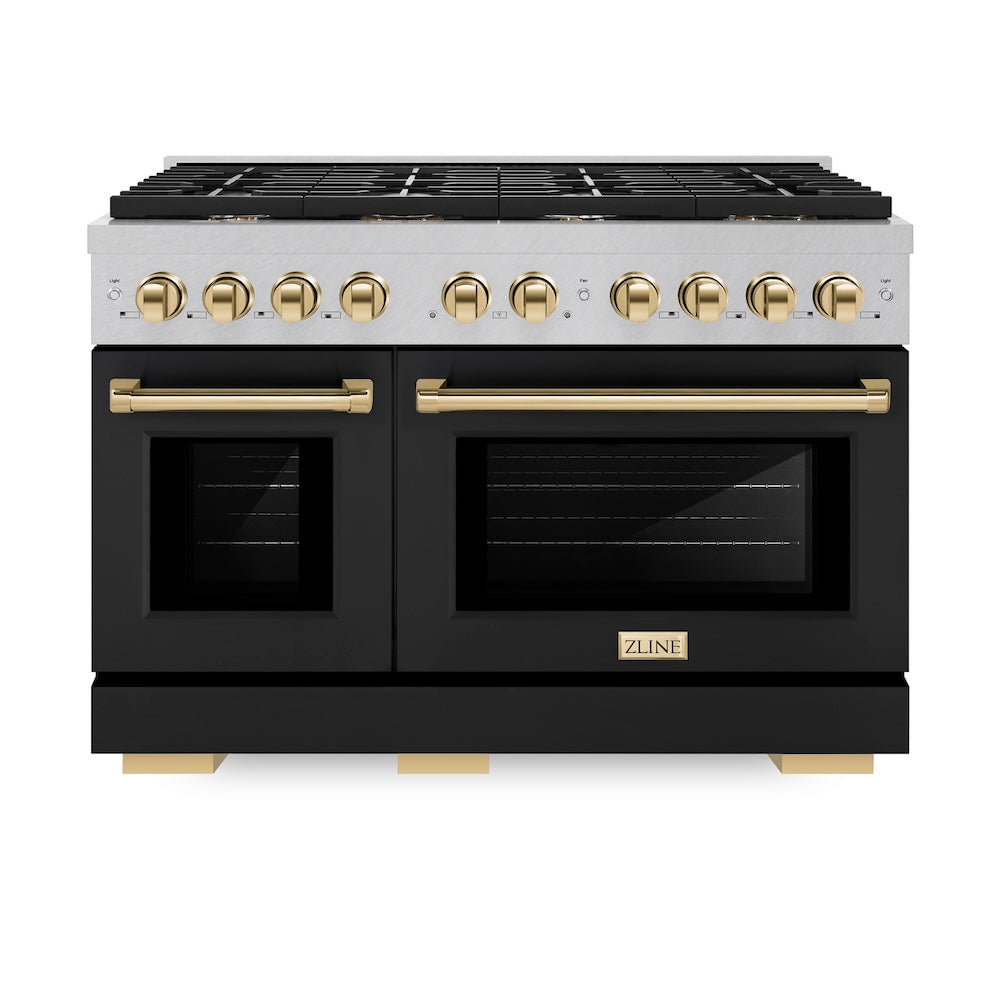 ZLINE Autograph Edition 48 in. 6.7 cu. ft. Paramount Double Oven Dual Fuel Range with 8 Burner Gas Cooktop in DuraSnow® Stainless Steel with Black Matte Door and Polished Gold Accents (SDRSZ-BLM-48-G)