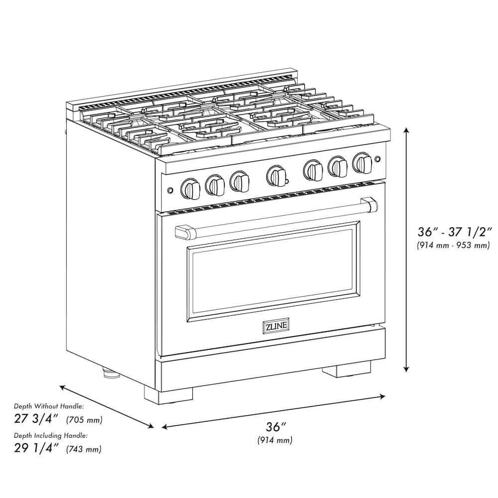 ZLINE Autograph Edition 36 in. 5.2 cu. ft. 6 Burner Gas Range with Convection Gas Oven in DuraSnow® Stainless Steel with Black Matte Door and Polished Gold Accents (SGRSZ-BLM-36-G) dimensional diagram with measurements.