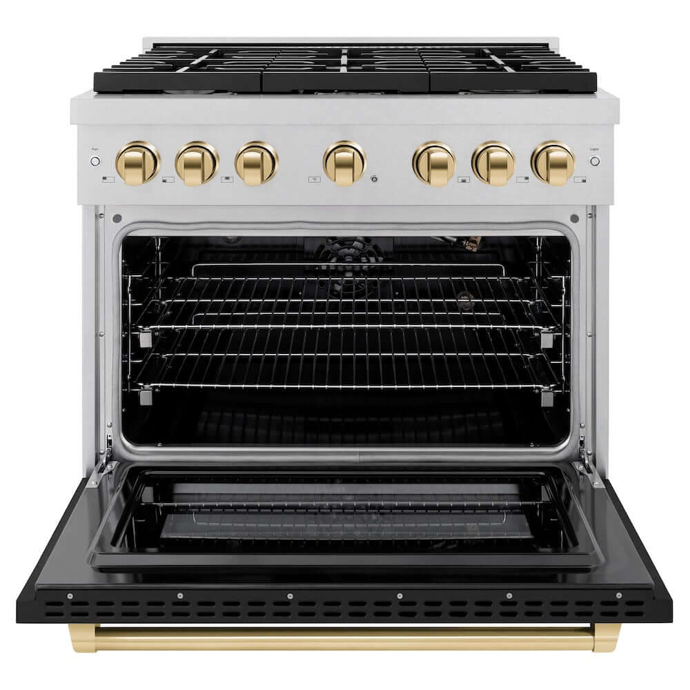 ZLINE Autograph Edition 36 in. 5.2 cu. ft. 6 Burner Gas Range with Convection Gas Oven in DuraSnow® Stainless Steel with Black Matte Door and Polished Gold Accents (SGRSZ-BLM-36-G) front, oven open.