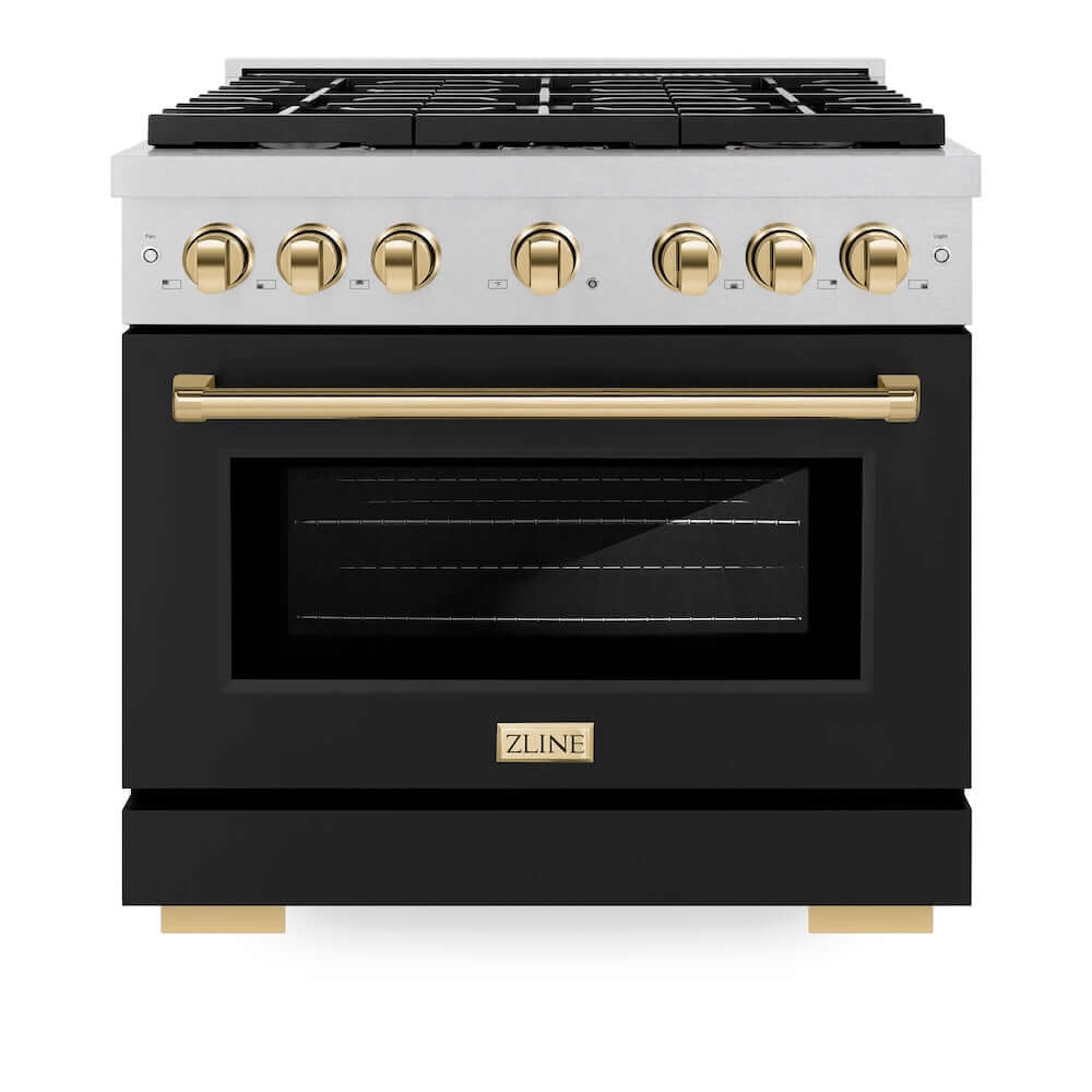 ZLINE Autograph Edition 36 in. 5.2 cu. ft. Paramount Gas Range with 6 Burner Cooktop and Convection Gas Oven in DuraSnow® Stainless Steel with Black Matte Door and Polished Gold Accents (SGRSZ-BLM-36-G) front, oven closed.