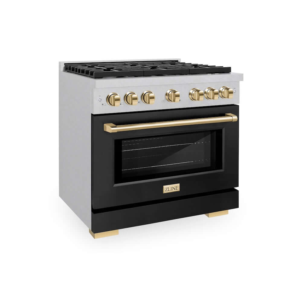 ZLINE Autograph Edition 36 in. 5.2 cu. ft. 6 Burner Gas Range with Convection Gas Oven in DuraSnow® Stainless Steel with Black Matte Door and Polished Gold Accents (SGRSZ-BLM-36-G) 