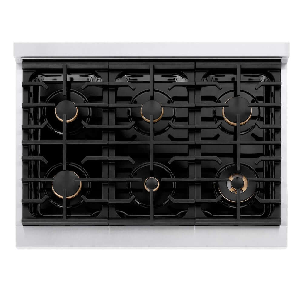 ZLINE Autograph Edition 36 in. 5.2 cu. ft. 6 Burner Gas Range with Convection Gas Oven in DuraSnow® Stainless Steel with Black Matte Door and Polished Gold Accents (SGRSZ-BLM-36-G) from above, showing gas burners, black porcelain cooktop, and cast-iron grates.