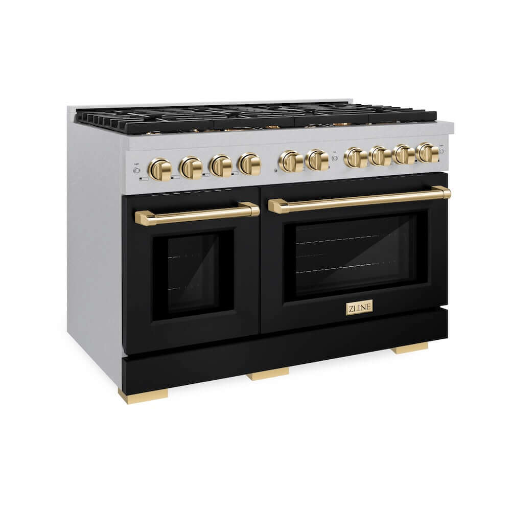 ZLINE Autograph Edition 48 in. 6.7 cu. ft. 8 Burner Double Oven Gas Range in DuraSnow® Stainless Steel with Black Matte Doors and Polished Gold Accents (SGRSZ-BLM-48-G) 
