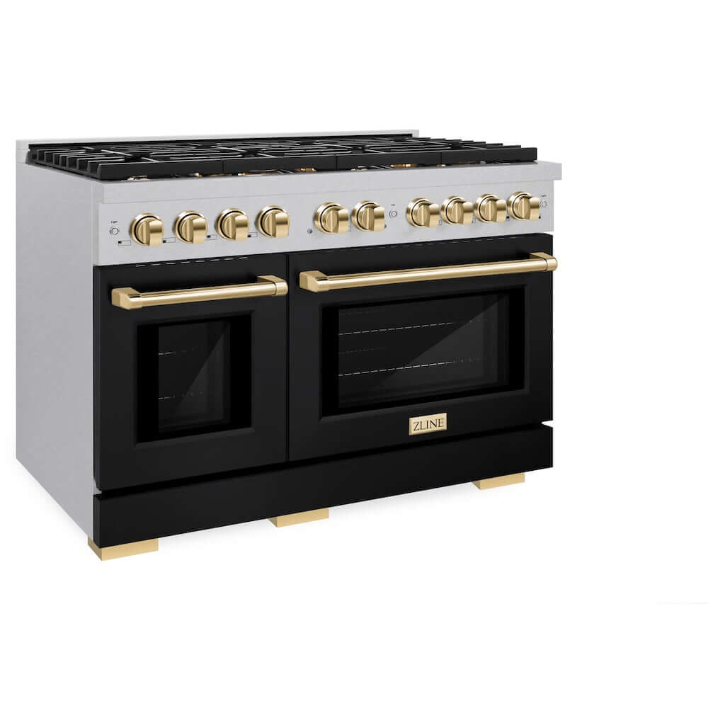 ZLINE Autograph Edition 48 in. 6.7 cu. ft. 8 Burner Double Oven Gas Range in DuraSnow® Stainless Steel with Black Matte Doors and Polished Gold Accents (SGRSZ-BLM-48-G) side, oven closed.