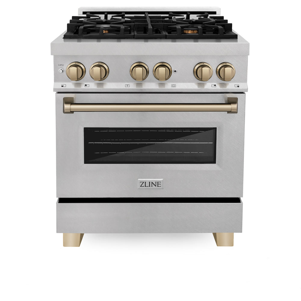 ZLINE Autograph Edition 30 in. 4.0 cu. ft. Dual Fuel Range with Gas Stove and Electric Oven in Fingerprint Resistant Stainless Steel with Champagne Bronze Accents (RASZ-SN-30-CB) front, oven closed.