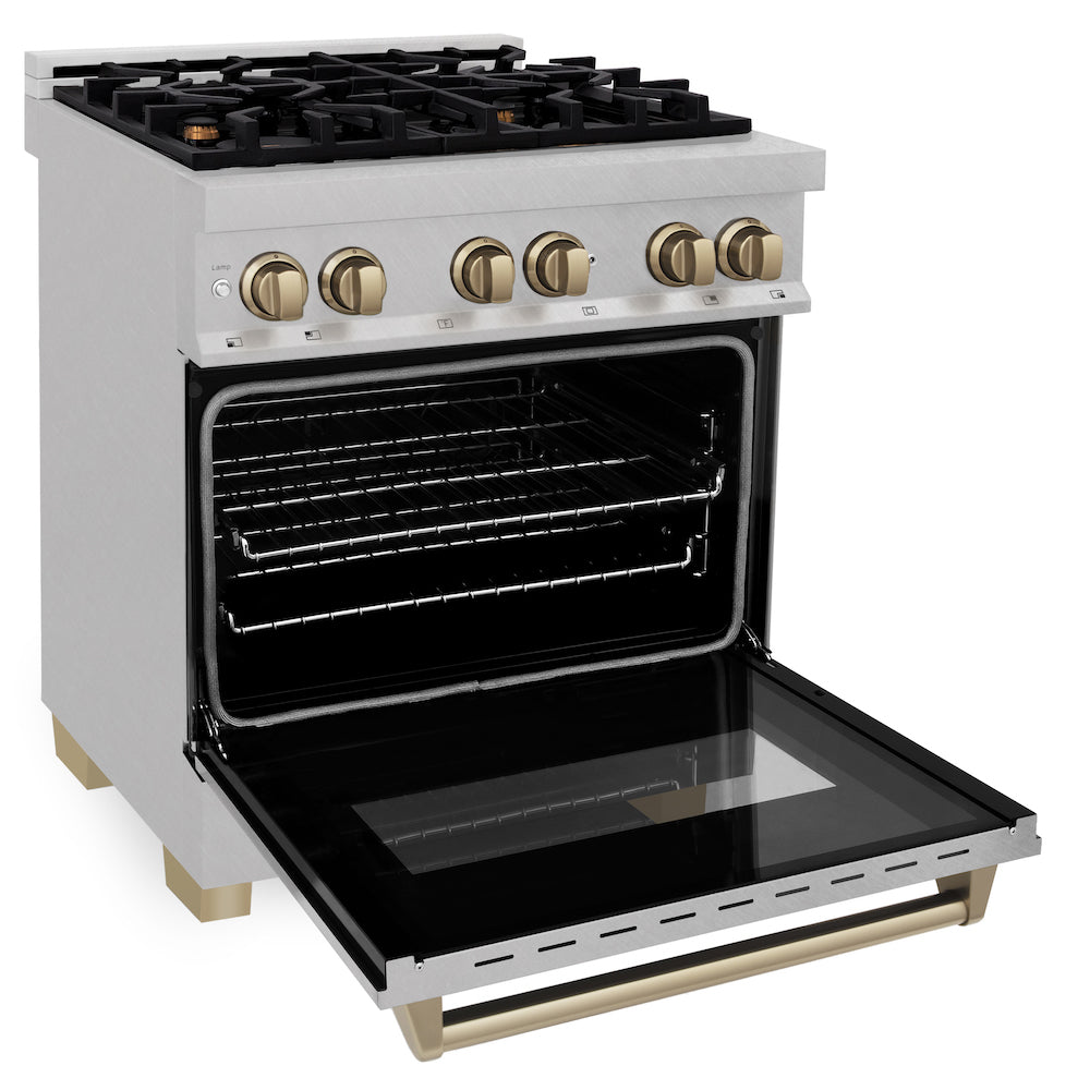 ZLINE Autograph Edition 30 in. 4.0 cu. ft. Dual Fuel Range with Gas Stove and Electric Oven in Fingerprint Resistant Stainless Steel with Champagne Bronze Accents (RASZ-SN-30-CB) side, oven open.