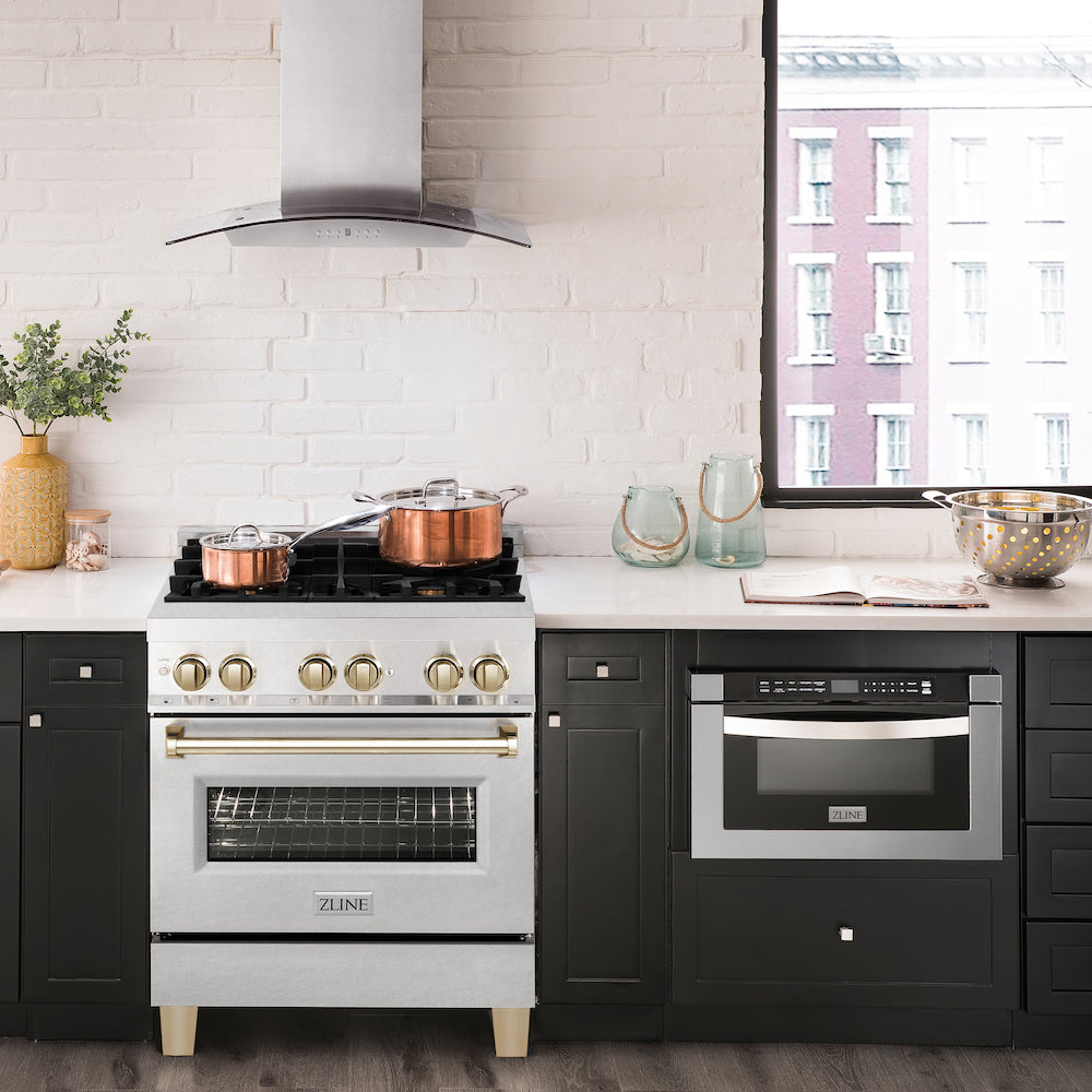ZLINE Autograph Edition 30 in. 4.0 cu. ft. Dual Fuel Range with Gas Stove and Electric Oven in Fingerprint Resistant Stainless Steel with Polished Gold Accents (RASZ-SN-30-G) front, in a luxury rustic-style kitchen with matching appliances.