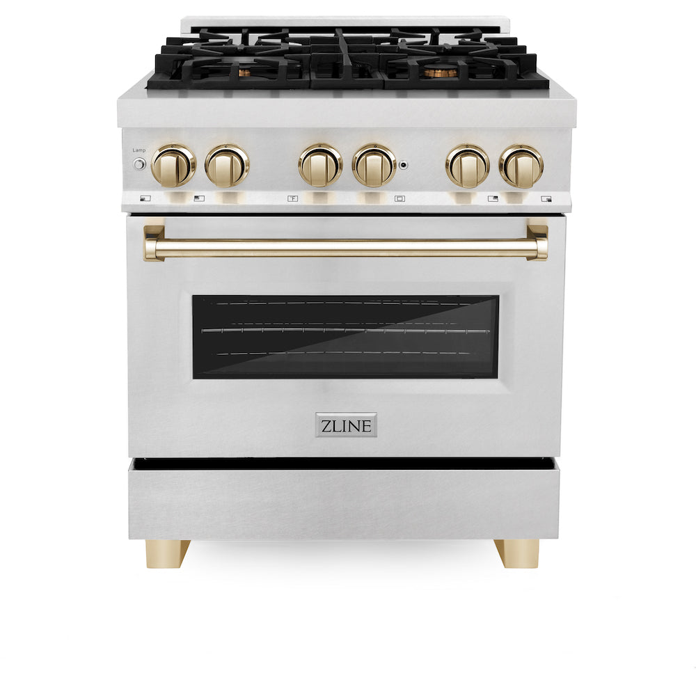 ZLINE Autograph Edition 30 in. 4.0 cu. ft. Dual Fuel Range with Gas Stove and Electric Oven in Fingerprint Resistant Stainless Steel with Polished Gold Accents (RASZ-SN-30-G) front, oven closed.
