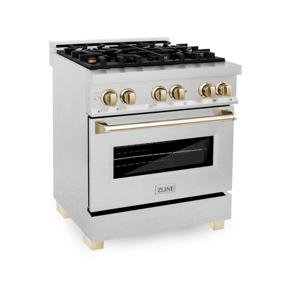 ZLINE Autograph Edition 30 in. 4.0 cu. ft. Dual Fuel Range with Gas Stove and Electric Oven in Fingerprint Resistant Stainless Steel with Polished Gold Accents (RASZ-SN-30-G) 