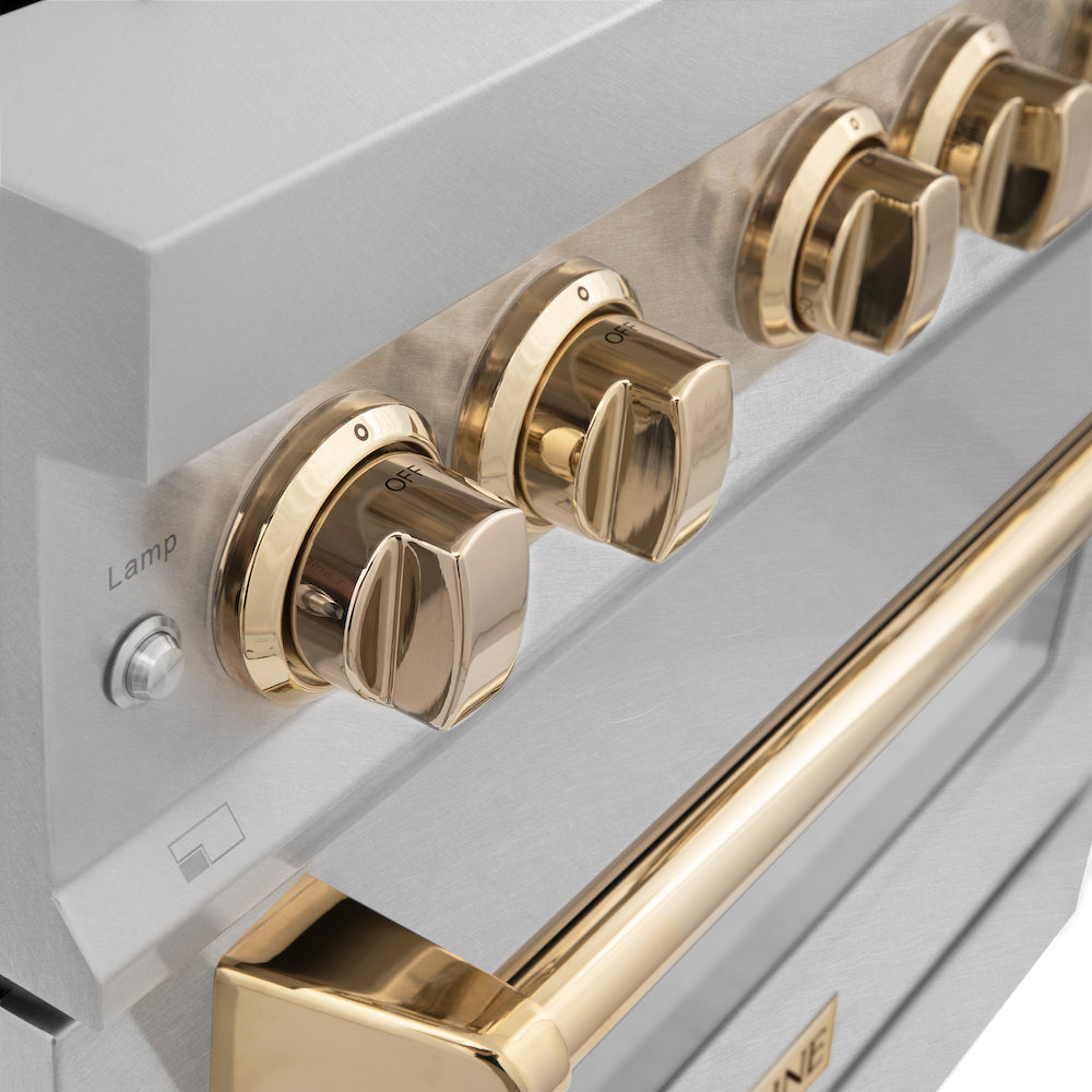 ZLINE Autograph Edition 30 in. 4.0 cu. ft. Dual Fuel Range with Gas Stove and Electric Oven in Fingerprint Resistant Stainless Steel with Polished Gold Accents (RASZ-SN-30-G) close-up, Polished Gold accents knobs.