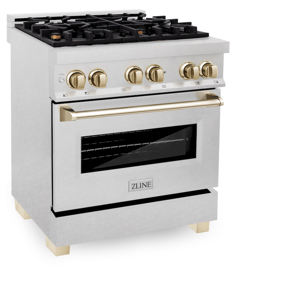 ZLINE Autograph Edition 30 in. 4.0 cu. ft. Dual Fuel Range with Gas Stove and Electric Oven in Fingerprint Resistant Stainless Steel with Polished Gold Accents (RASZ-SN-30-G) side, oven closed.