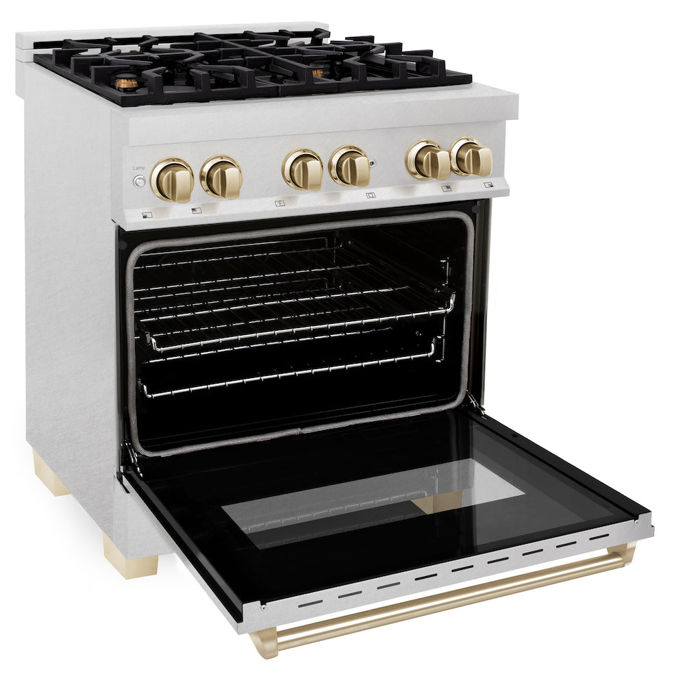 ZLINE Autograph Edition 30 in. 4.0 cu. ft. Dual Fuel Range with Gas Stove and Electric Oven in Fingerprint Resistant Stainless Steel with Polished Gold Accents (RASZ-SN-30-G) side, oven open.