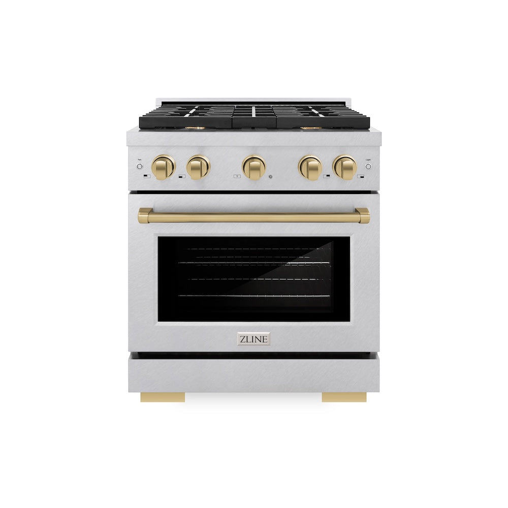 ZLINE Autograph Edition 30 in. 4.2 cu. ft. Paramount Dual Fuel Range with 4 Burner Gas Cooktop and Electric Convection Oven in DuraSnow® Stainless Steel with Champagne Bronze Accents (SDRSZ-30-CB)