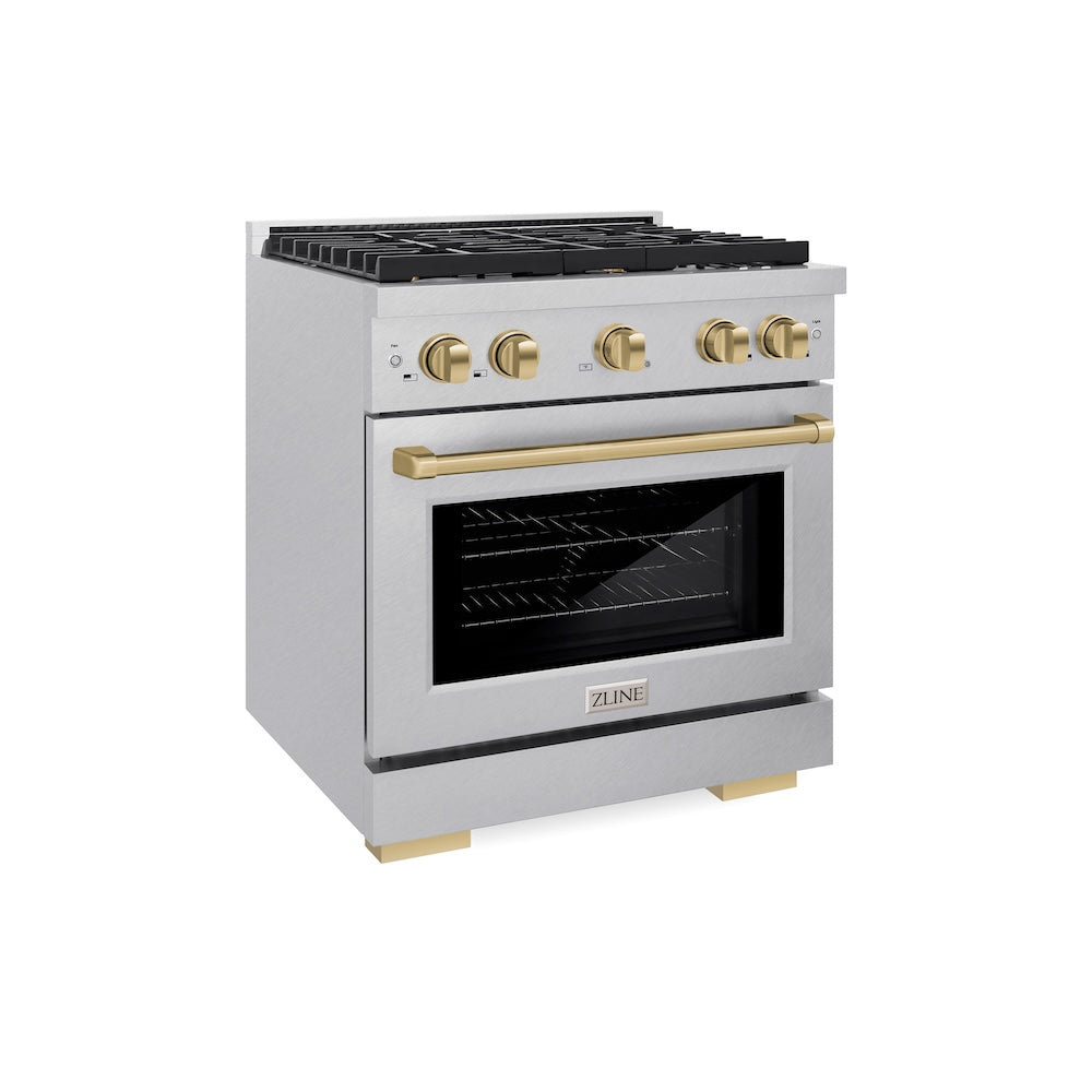 ZLINE Autograph Edition 30 in. 4.2 cu. ft. Paramount Dual Fuel Range with 4 Burner Gas Cooktop and Electric Convection Oven in DuraSnow® Stainless Steel with Champagne Bronze Accents (SDRSZ-30-CB) side, oven closed.