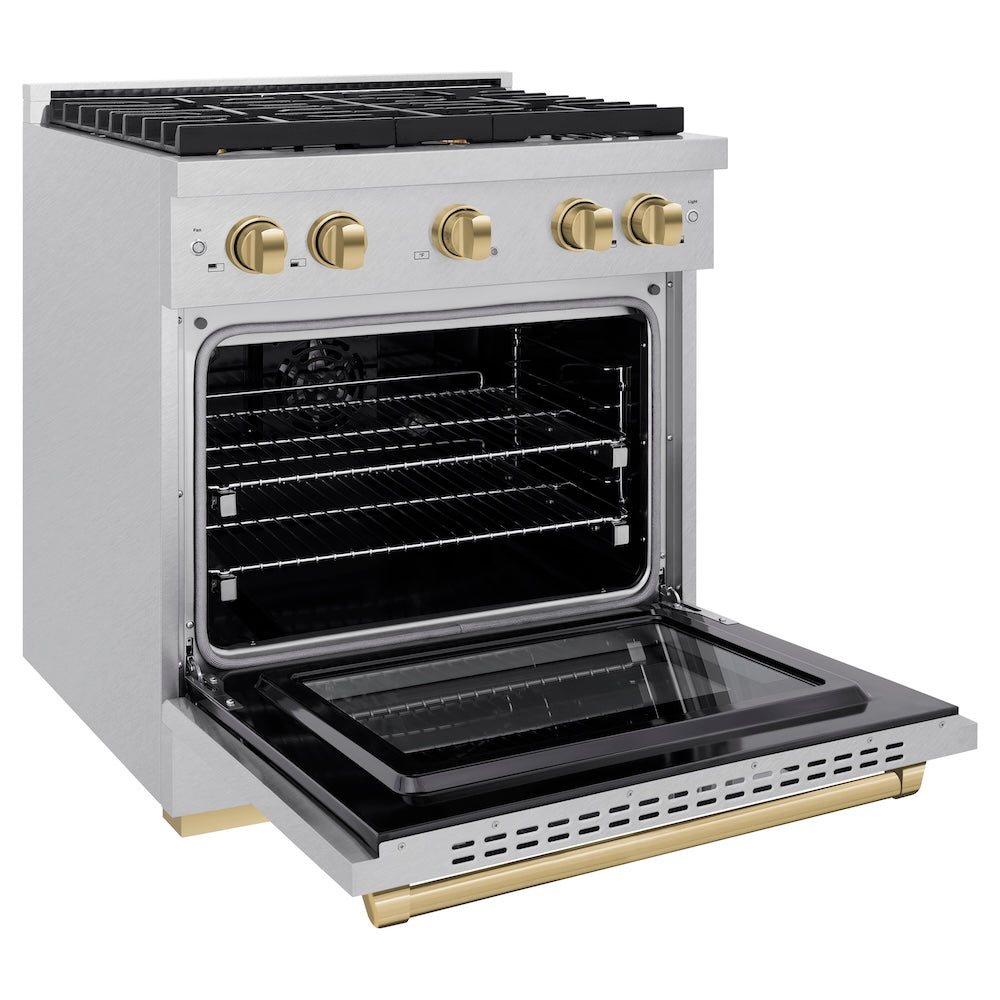 ZLINE Autograph Edition 30 in. 4.2 cu. ft. Paramount Dual Fuel Range with 4 Burner Gas Cooktop and Electric Convection Oven in DuraSnow® Stainless Steel with Champagne Bronze Accents (SDRSZ-30-CB) side, oven open.