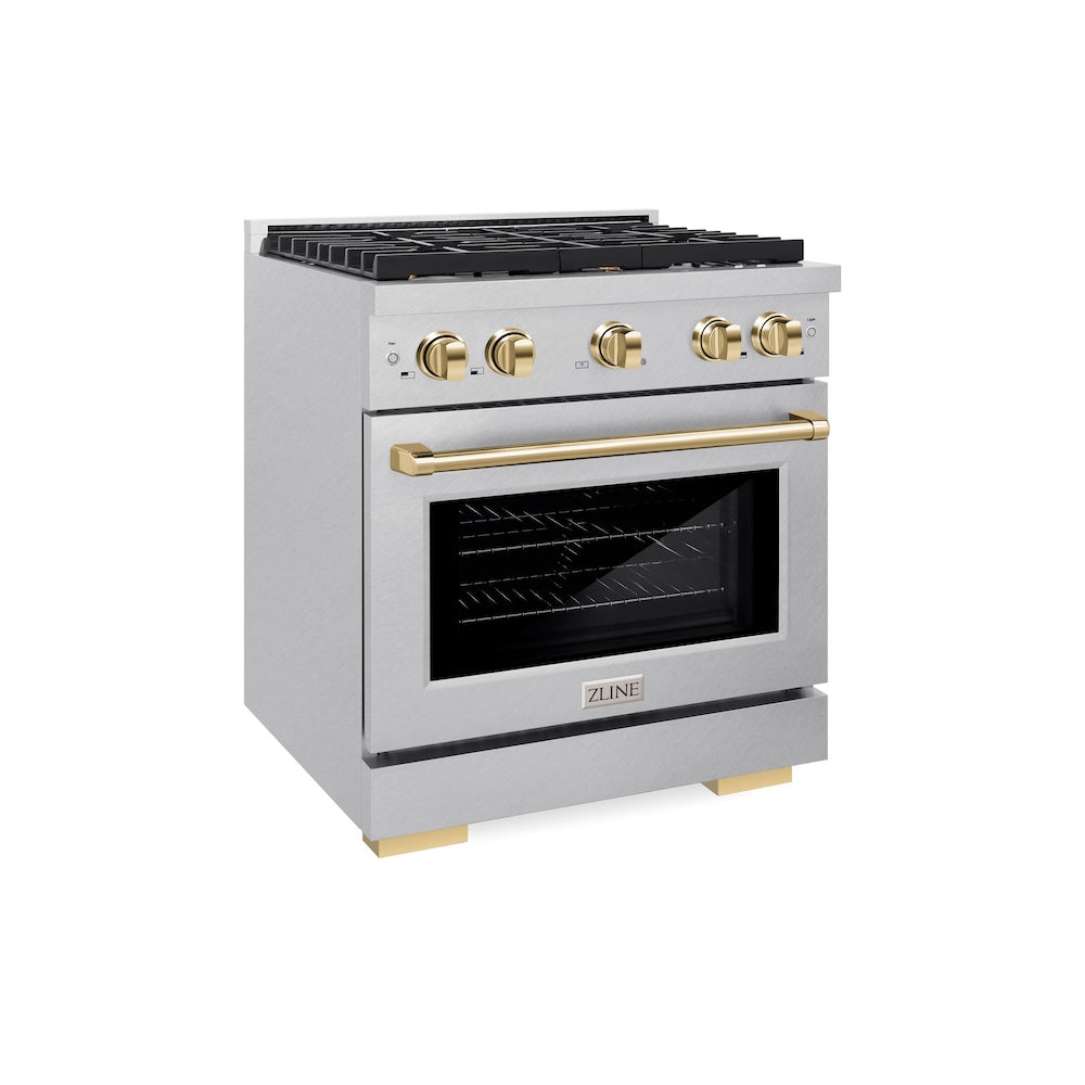 ZLINE Autograph Edition 30 in. 4.2 cu. ft. Paramount Dual Fuel Range with 4 Burner Gas Cooktop and Electric Convection Oven in DuraSnow® Stainless Steel with Polished Gold Accents (SDRSZ-30-G) side, oven closed.