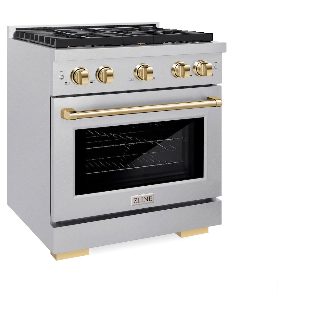 ZLINE Autograph Edition 30 in. 4.2 cu. ft. Paramount Dual Fuel Range with 4 Burner Gas Cooktop and Electric Convection Oven in DuraSnow® Stainless Steel with Polished Gold Accents (SDRSZ-30-G) side, oven closed.