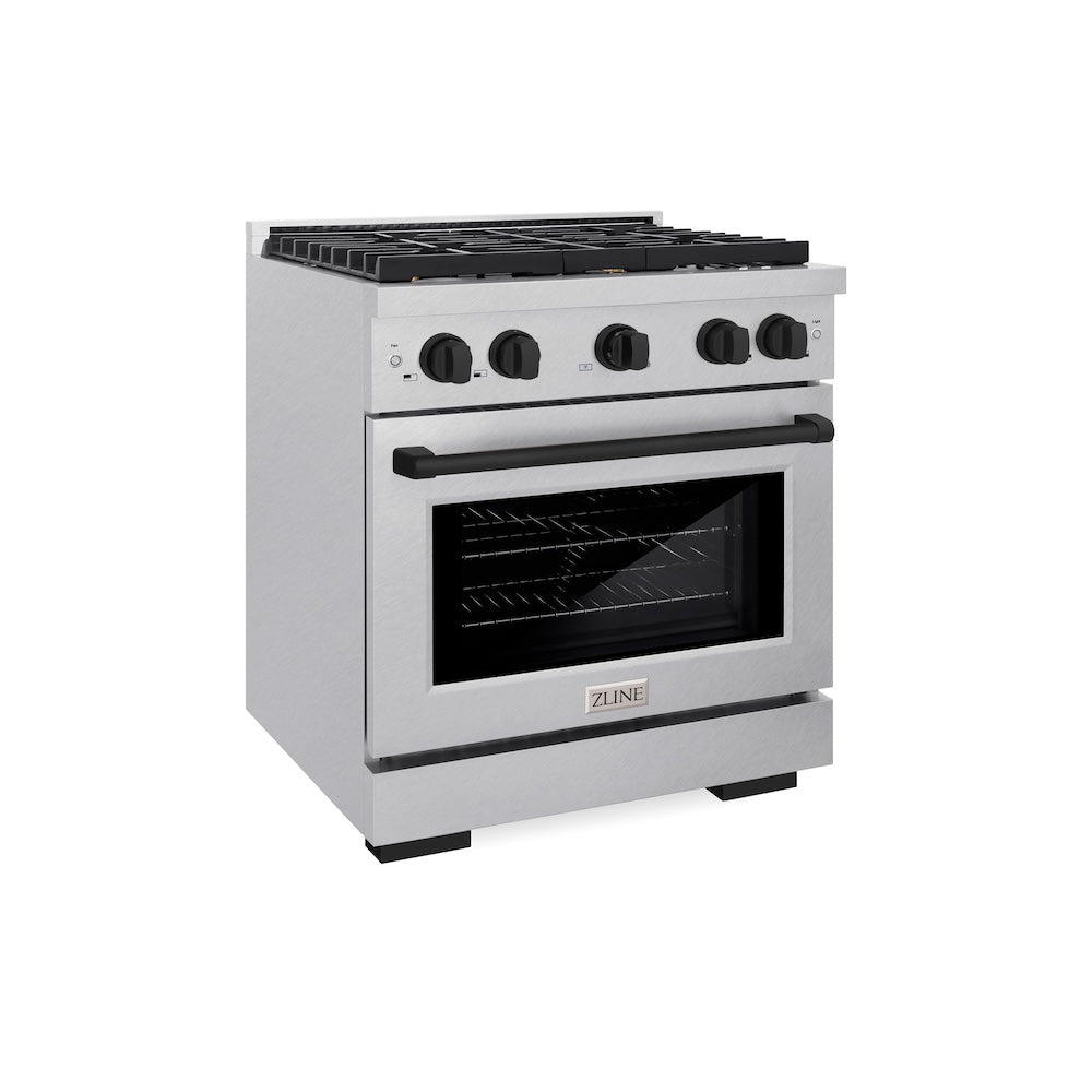 ZLINE Autograph Edition 30 in. 4.2 cu. ft. Paramount Dual Fuel Range with 4 Burner Gas Cooktop and Electric Convection Oven in DuraSnow® Stainless Steel with Matte Black Accents (SDRSZ-30-MB) side, oven closed.