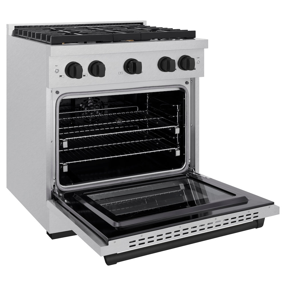 ZLINE Autograph Edition 30 in. 4.2 cu. ft. Paramount Dual Fuel Range with 4 Burner Gas Cooktop and Electric Convection Oven in DuraSnow® Stainless Steel with Matte Black Accents (SDRSZ-30-MB) side, oven open.