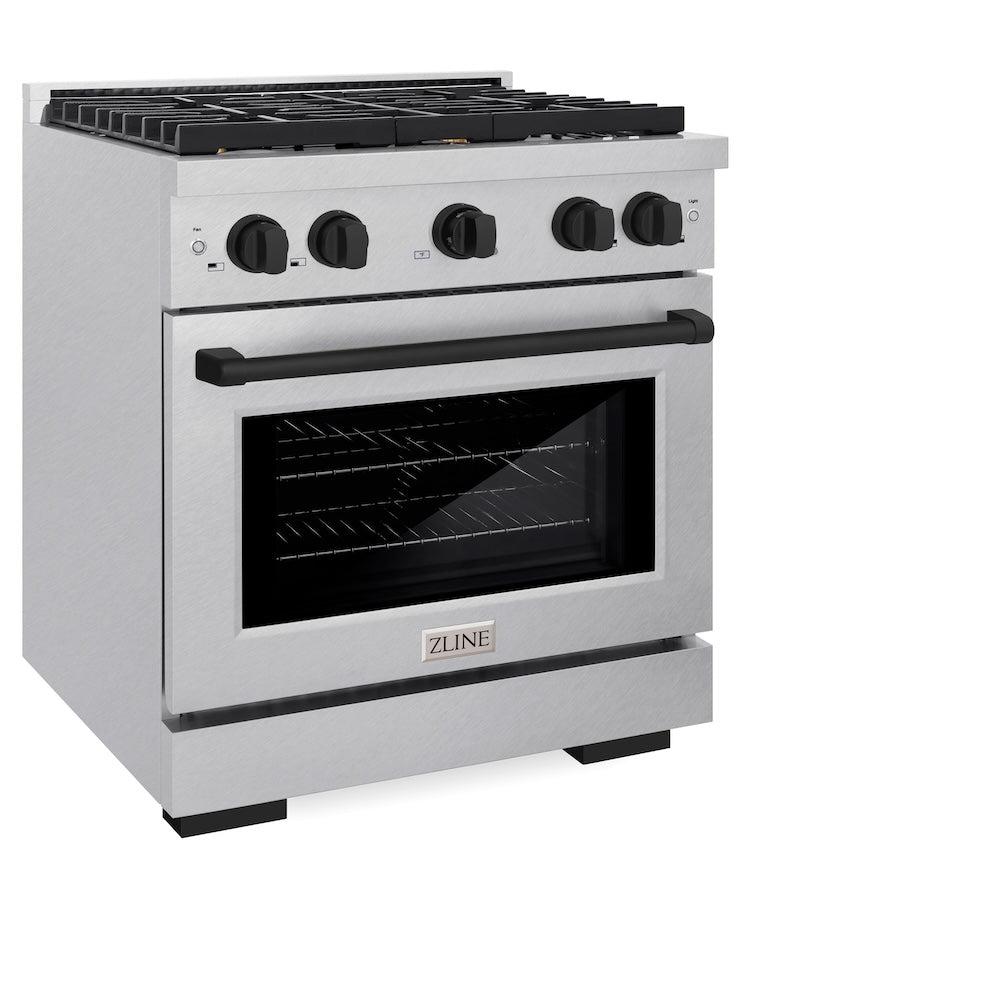 ZLINE Autograph Edition 30 in. 4.2 cu. ft. Paramount Dual Fuel Range with 4 Burner Gas Cooktop and Electric Convection Oven in DuraSnow® Stainless Steel with Matte Black Accents (SDRSZ-30-MB) side, oven closed.