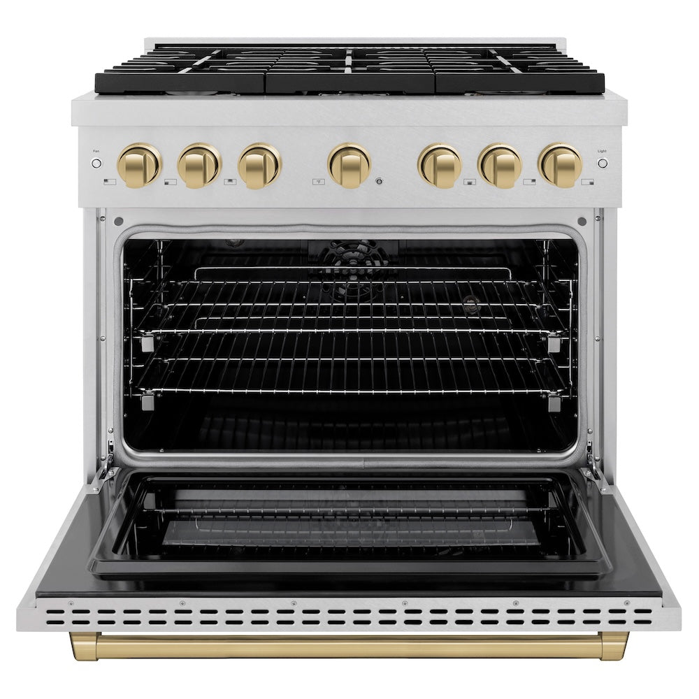 ZLINE Autograph Edition 36 in. 5.2 cu. ft. Paramount Dual Fuel Range with 6 Burner Gas Cooktop and Electric Convection Oven in DuraSnow® Stainless Steel with Champagne Bronze Accents (SDRSZ-36-CB) front, oven open.