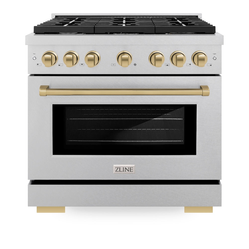 ZLINE Autograph Edition 36 in. 5.2 cu. ft. Paramount Dual Fuel Range with 6 Burner Gas Cooktop and Electric Convection Oven in DuraSnow® Stainless Steel with Champagne Bronze Accents (SDRSZ-36-CB) front, oven closed.