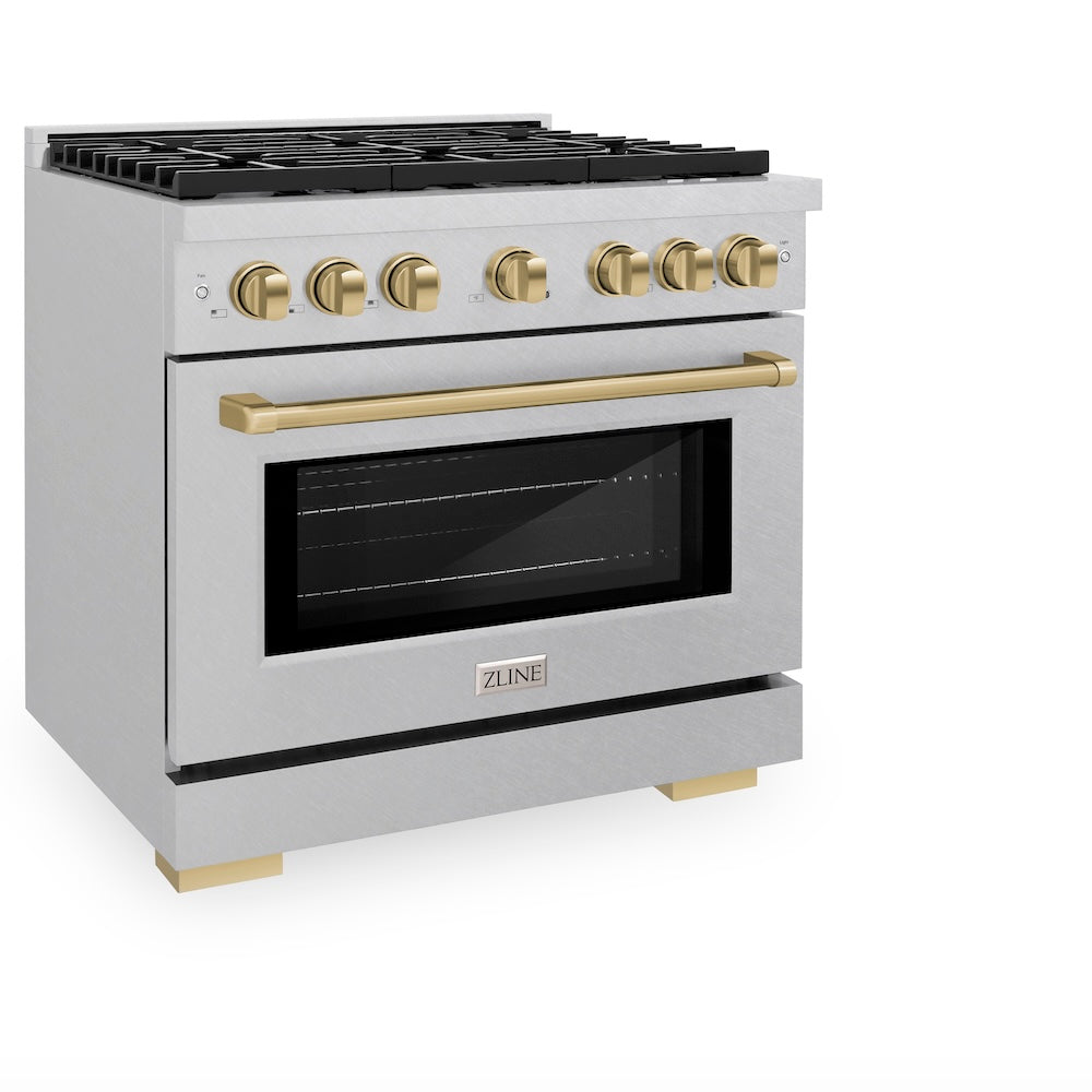 ZLINE Autograph Edition 36 in. 5.2 cu. ft. Paramount Dual Fuel Range with 6 Burner Gas Cooktop and Electric Convection Oven in DuraSnow® Stainless Steel with Champagne Bronze Accents (SDRSZ-36-CB) side, oven closed.