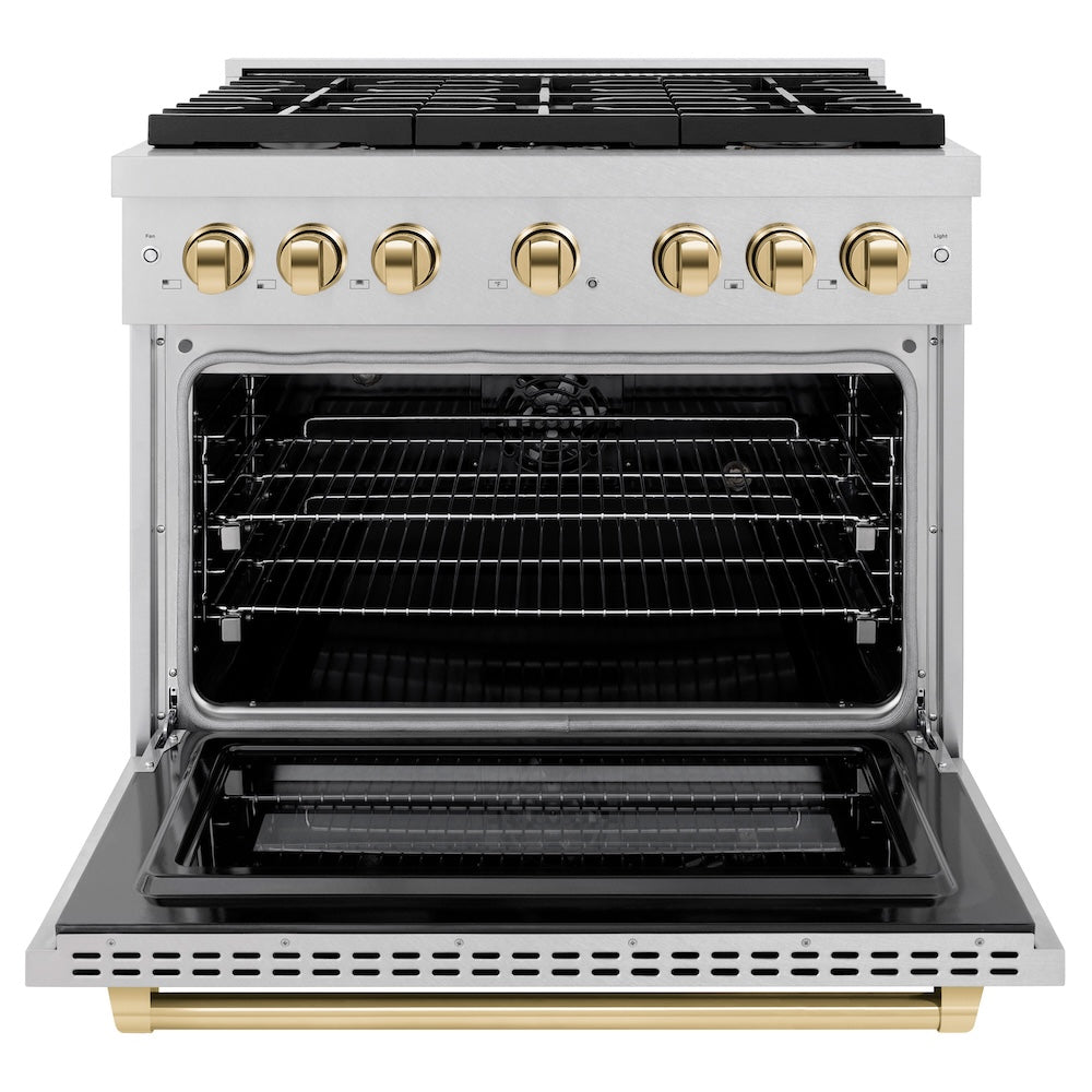 ZLINE Autograph Edition 36 in. 5.2 cu. ft. Paramount Dual Fuel Range with 6 Burner Gas Cooktop and Electric Convection Oven in DuraSnow® Stainless Steel with Polished Gold Accents (SDRSZ-36-G) front, oven open.