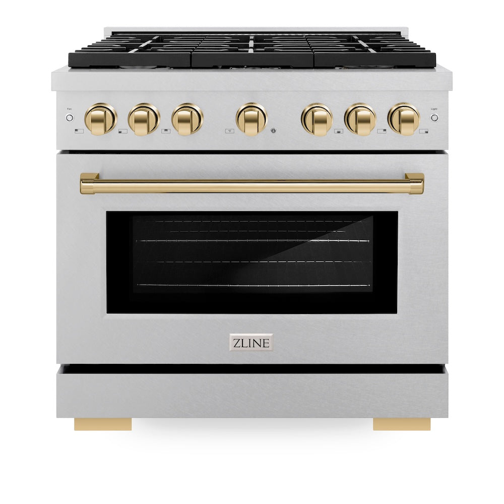 ZLINE Autograph Edition 36 in. 5.2 cu. ft. Paramount Dual Fuel Range with 6 Burner Gas Cooktop and Electric Convection Oven in DuraSnow® Stainless Steel with Polished Gold Accents (SDRSZ-36-G) front, oven closed.