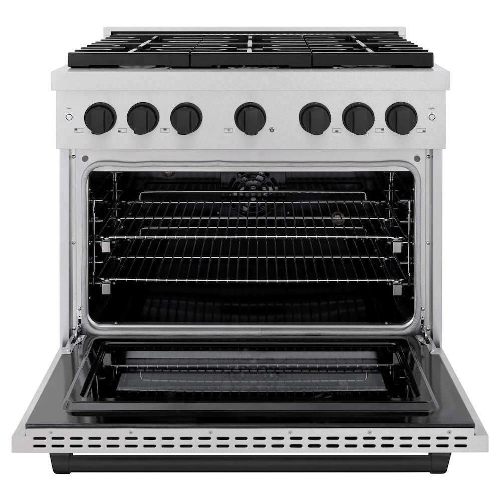 ZLINE Autograph Edition 36 in. 5.2 cu. ft. Paramount Dual Fuel Range with 6 Burner Gas Cooktop and Electric Convection Oven in DuraSnow® Stainless Steel with Matte Black Accents (SDRSZ-36-MB) front, oven open.