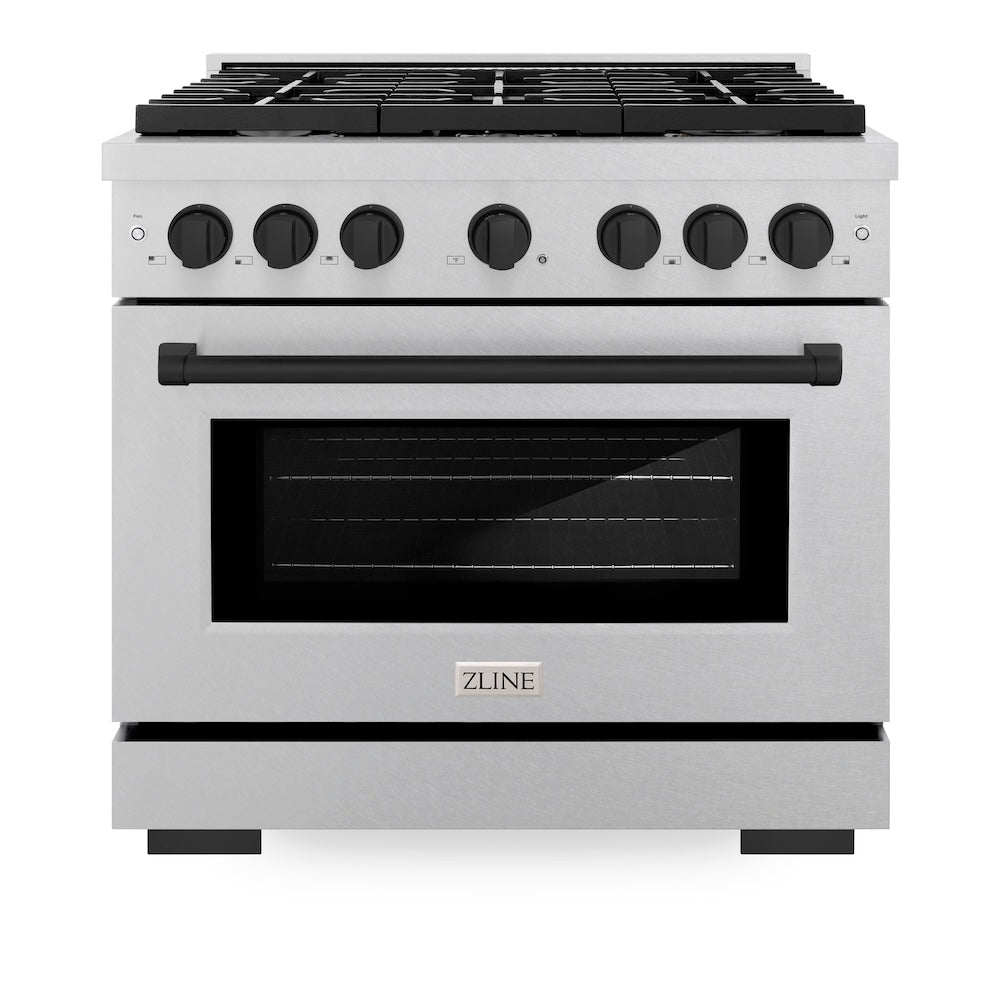 ZLINE Autograph Edition 36 in. 5.2 cu. ft. Paramount Dual Fuel Range with 6 Burner Gas Cooktop and Electric Convection Oven in DuraSnow® Stainless Steel with Matte Black Accents (SDRSZ-36-MB) front, oven closed.