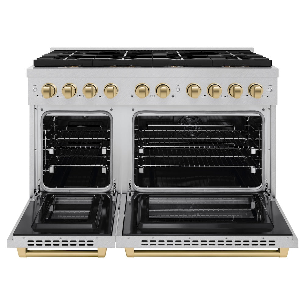 ZLINE Autograph Edition 48 in. 6.7 cu. ft. Paramount Double Oven Dual Fuel Range with 8 Burner Gas Cooktop in DuraSnow® Stainless Steel and Champagne Bronze Accents (SDRSZ-48-CB) front, oven open.