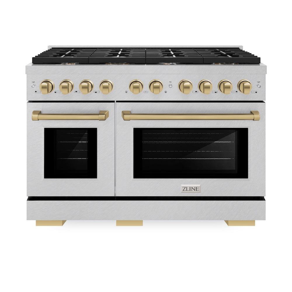 ZLINE Autograph Edition 48 in. 6.7 cu. ft. Paramount Double Oven Dual Fuel Range with 8 Burner Gas Cooktop in DuraSnow® Stainless Steel and Champagne Bronze Accents (SDRSZ-48-CB) front, oven closed.