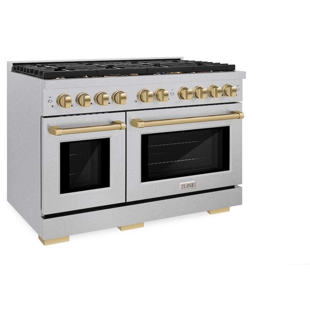 ZLINE Autograph Edition 48 in. 6.7 cu. ft. Paramount Double Oven Dual Fuel Range with 8 Burner Gas Cooktop in DuraSnow® Stainless Steel and Champagne Bronze Accents (SDRSZ-48-CB) side, oven closed.