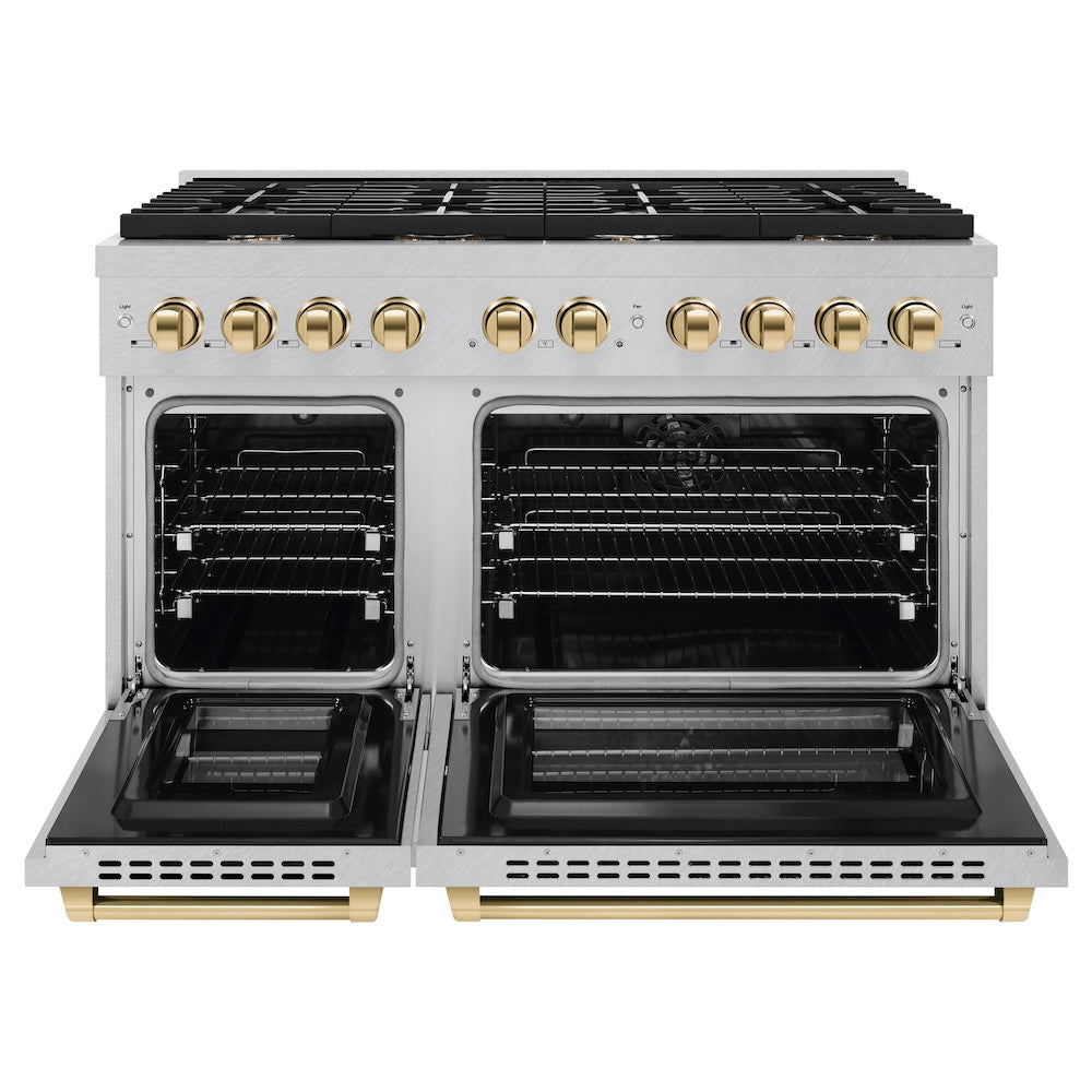 ZLINE Autograph Edition 48 in. 6.7 cu. ft. Paramount Double Oven Dual Fuel Range with 8 Burner Gas Cooktop in DuraSnow® Stainless Steel and Polished Gold Accents (SDRSZ-48-G) front, oven open.