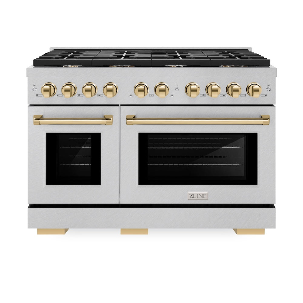 ZLINE Autograph Edition 48 in. 6.7 cu. ft. Paramount Double Oven Dual Fuel Range with 8 Burner Gas Cooktop in DuraSnow® Stainless Steel and Polished Gold Accents (SDRSZ-48-G) front, oven closed.