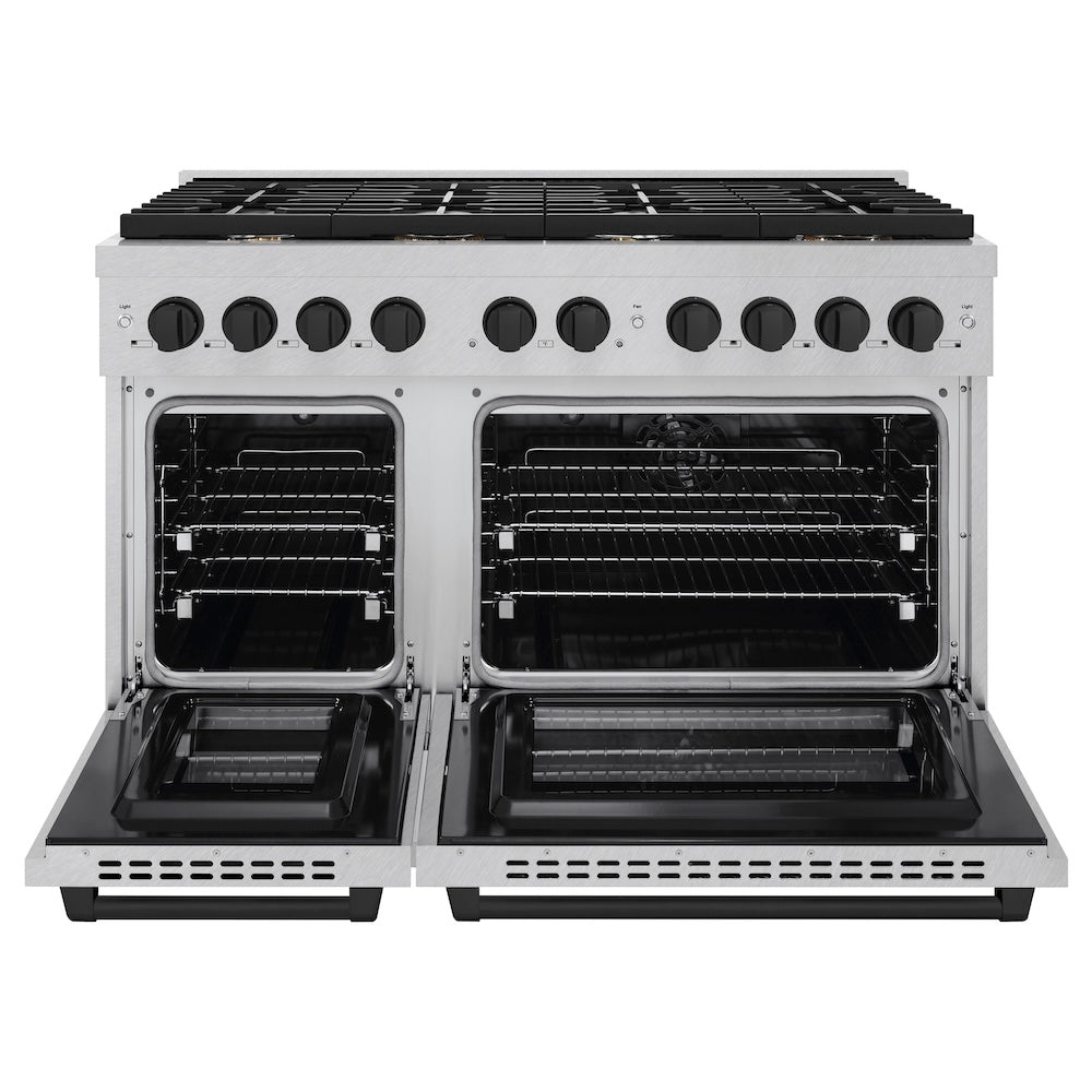 ZLINE Autograph Edition 48 in. 6.7 cu. ft. Paramount Double Oven Dual Fuel Range with 8 Burner Gas Cooktop in DuraSnow® Stainless Steel and Matte Black Accents (SDRSZ-48-MB) front, oven open.