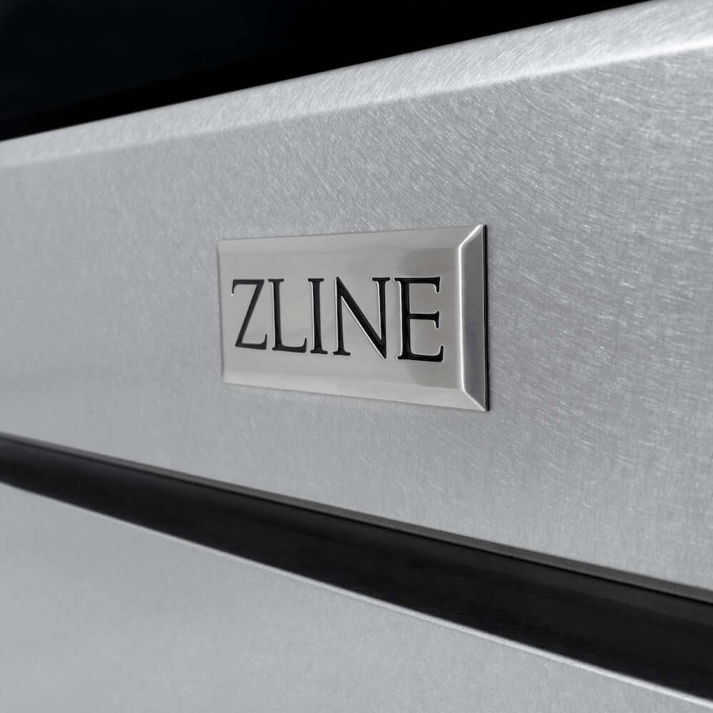 ZLINE Autograph Edition 30 in. 4.2 cu. ft. 4 Burner Gas Range with Convection Gas Oven in DuraSnow® Stainless Steel and Champagne Bronze Accents (SGRSZ-30-CB) close-up, ZLINE badge on DuraSnow finish.