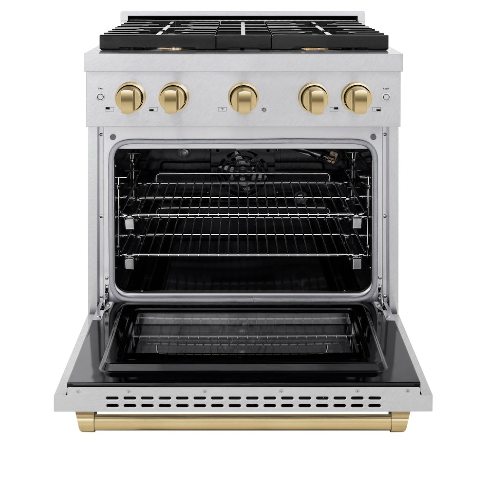 ZLINE Autograph Edition 30 in. 4.2 cu. ft. Paramount Gas Range with 4 Burner Cooktop and Convection Gas Oven in DuraSnow® Stainless Steel and Champagne Bronze Accents (SGRSZ-30-CB) front, oven open.