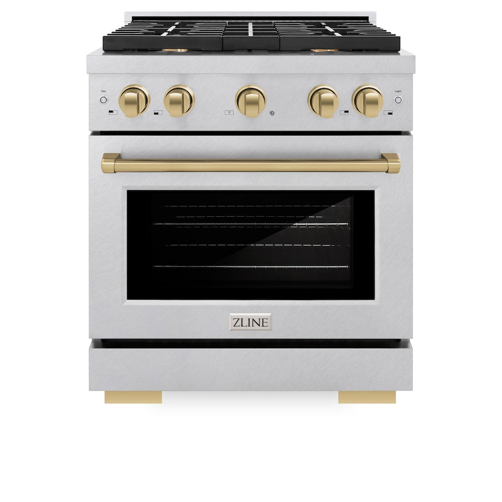 ZLINE Autograph Edition 30 in. 4.2 cu. ft. Paramount Gas Range with 4 Burner Cooktop and Convection Gas Oven in DuraSnow® Stainless Steel and Champagne Bronze Accents (SGRSZ-30-CB) front, oven closed.