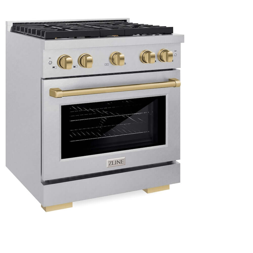 ZLINE Autograph Edition 30 in. 4.2 cu. ft. Paramount Gas Range with 4 Burner Cooktop and Convection Gas Oven in DuraSnow® Stainless Steel and Champagne Bronze Accents (SGRSZ-30-CB) side, oven closed.