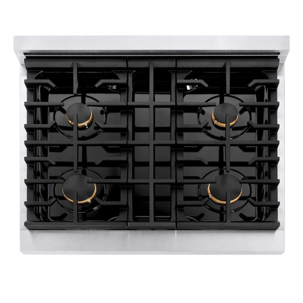 ZLINE Autograph Edition 30 in. 4.2 cu. ft. 4 Burner Gas Range with Convection Gas Oven in DuraSnow® Stainless Steel and Champagne Bronze Accents (SGRSZ-30-CB) from above, showing gas burners, black porcelain cooktop, and cast-iron grates.