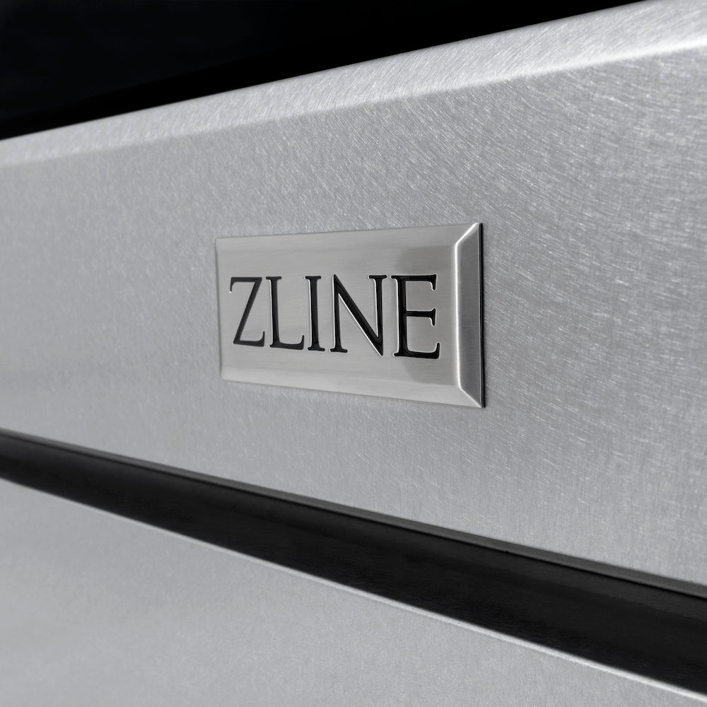 ZLINE Autograph Edition 30 in. 4.2 cu. ft. 4 Burner Gas Range with Convection Gas Oven in DuraSnow® Stainless Steel and Polished Gold Accents (SGRSZ-30-G) close-up, ZLINE badge on DuraSnow finish.