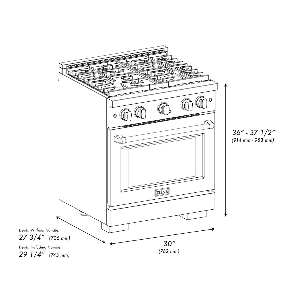 ZLINE Autograph Edition 30 in. 4.2 cu. ft. 4 Burner Gas Range with Convection Gas Oven in DuraSnow® Stainless Steel and Polished Gold Accents (SGRSZ-30-G) dimensional diagram with measurements.