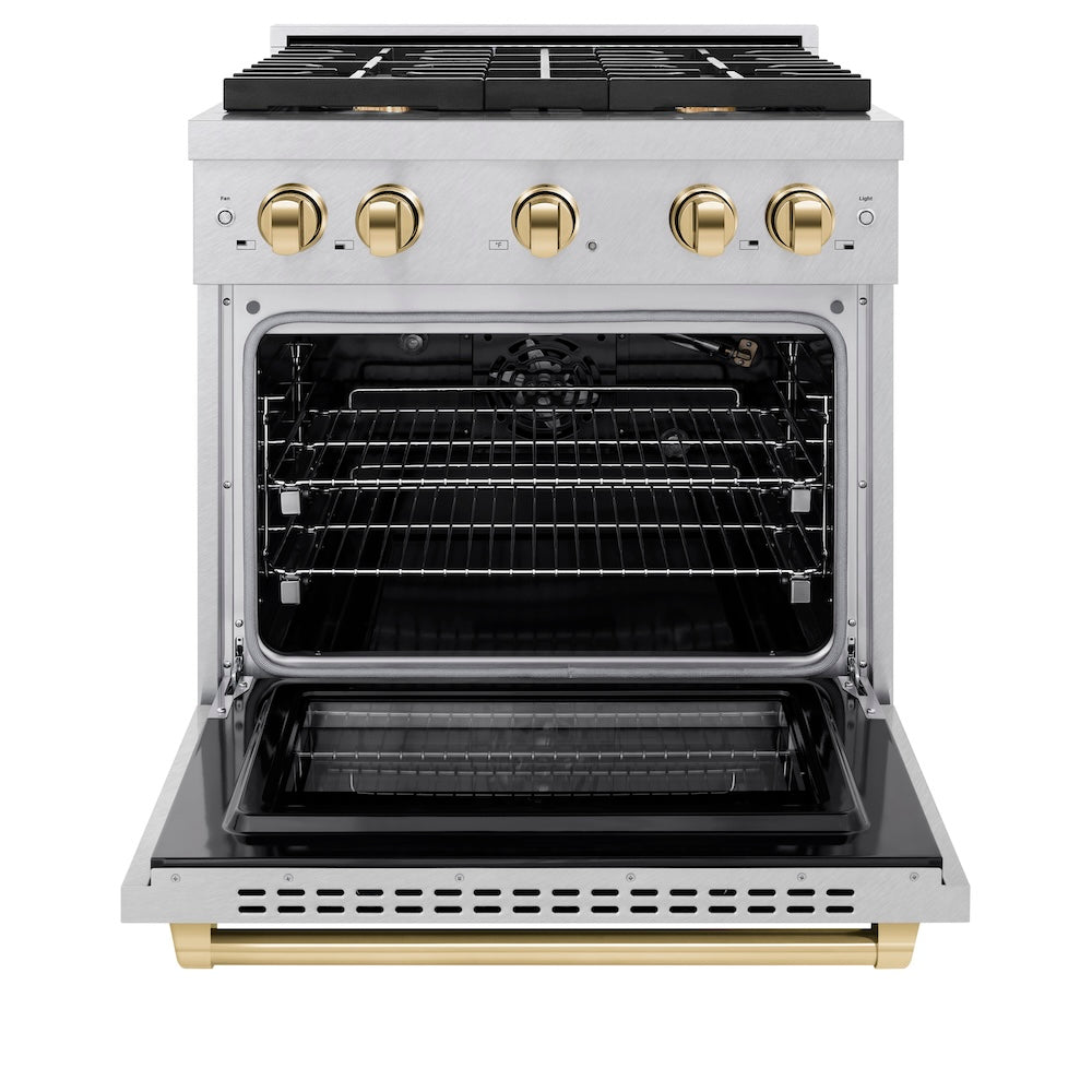 ZLINE Autograph Edition 30 in. 4.2 cu. ft. 4 Burner Gas Range with Convection Gas Oven in DuraSnow® Stainless Steel and Polished Gold Accents (SGRSZ-30-G) front, oven open.