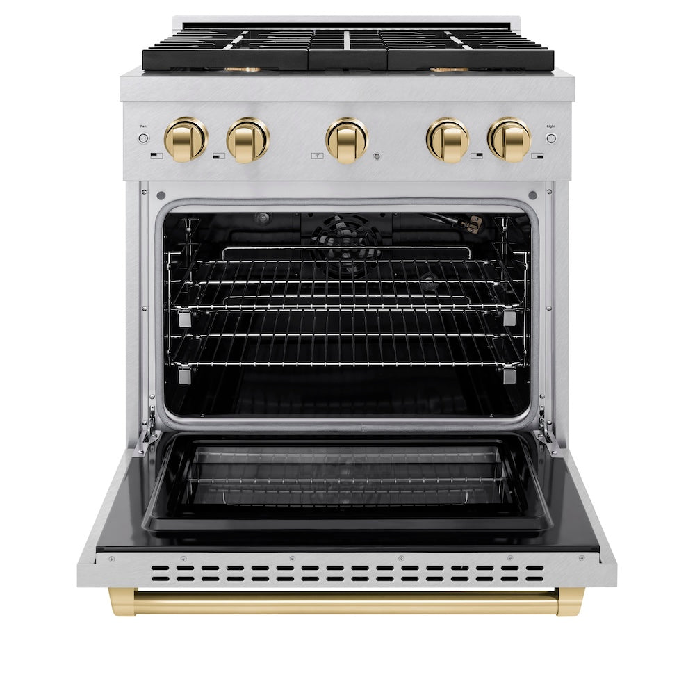 ZLINE Autograph Edition 30 in. 4.2 cu. ft. Paramount Gas Range with 4 Burner Cooktop and Convection Gas Oven in DuraSnow® Stainless Steel and Polished Gold Accents (SGRSZ-30-G) front, oven open.