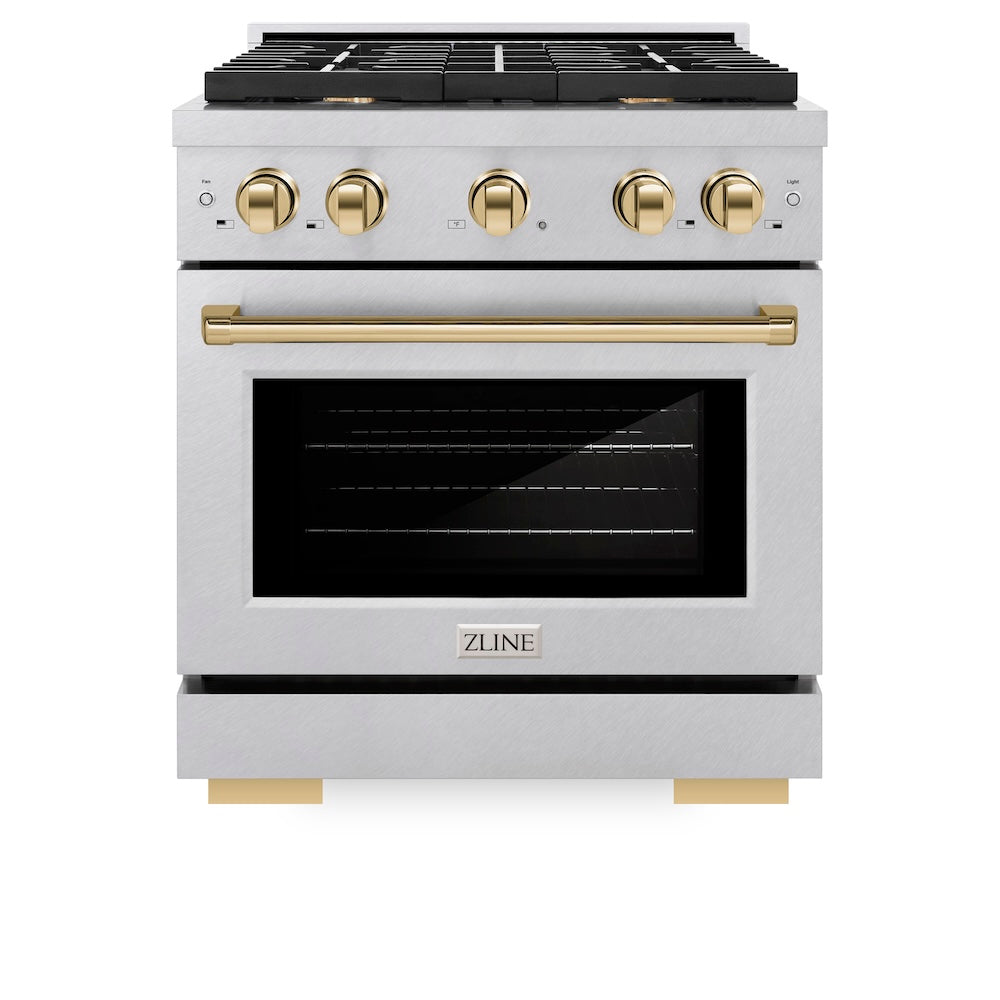 ZLINE Autograph Edition 30 in. 4.2 cu. ft. Paramount Gas Range with 4 Burner Cooktop and Convection Gas Oven in DuraSnow® Stainless Steel and Polished Gold Accents (SGRSZ-30-G) front, oven closed.