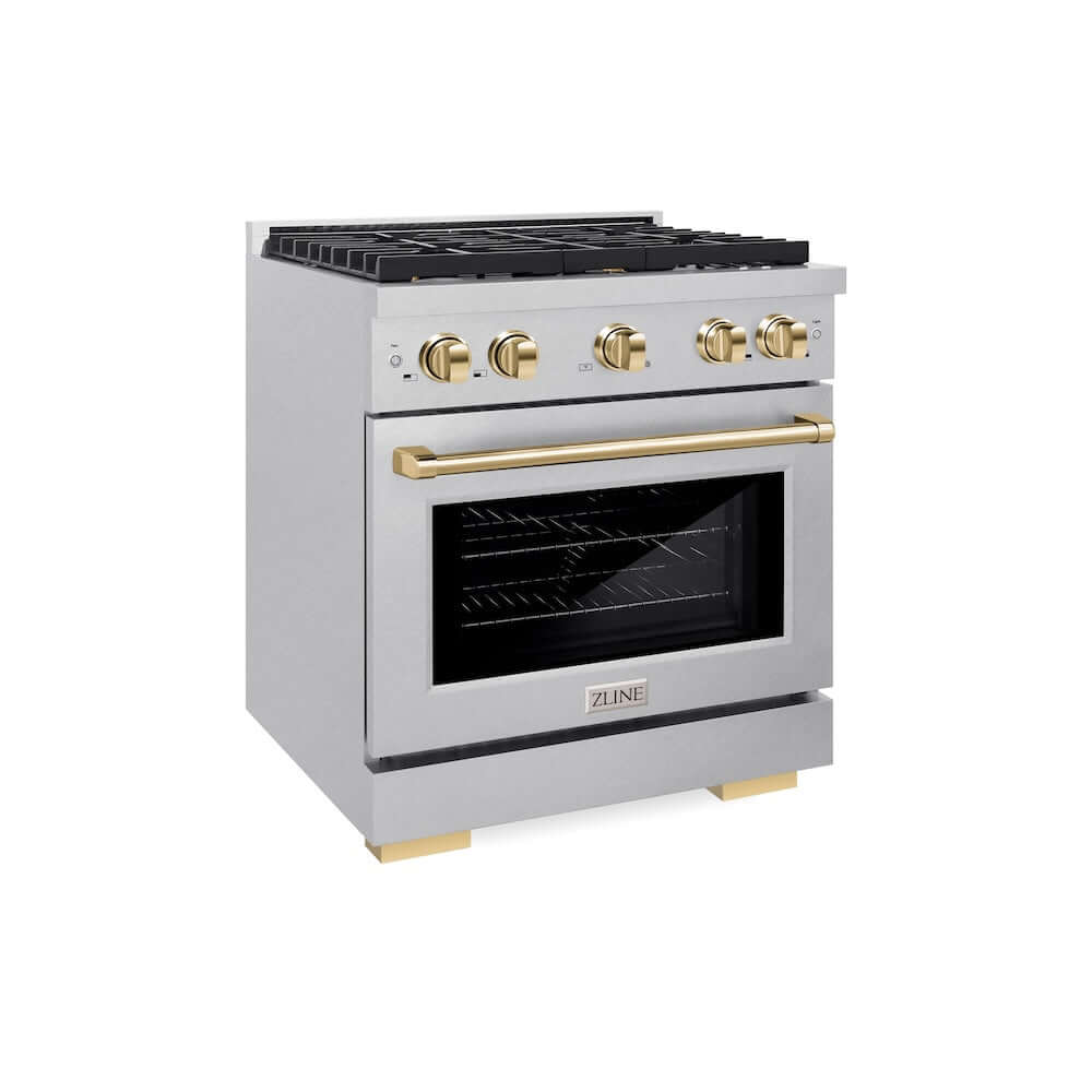 ZLINE Autograph Edition 30 in. 4.2 cu. ft. Paramount Gas Range with 4 Burner Cooktop and Convection Gas Oven in DuraSnow® Stainless Steel and Polished Gold Accents (SGRSZ-30-G) side, oven closed.